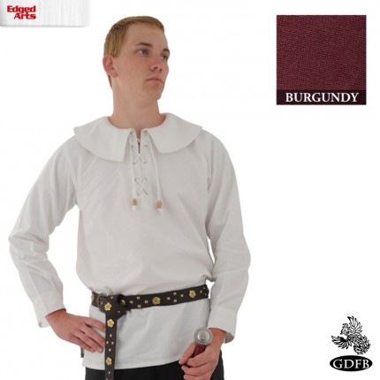 Cotton Shirt - Round Collar, Laced Neck - Burgundy - Large - GB3631